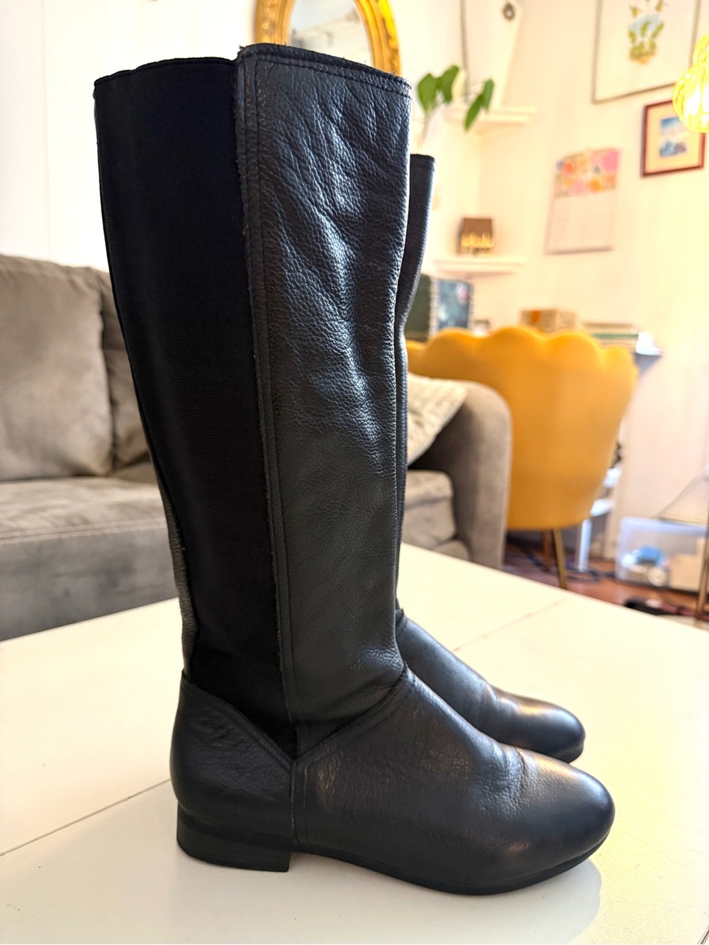 White Mountain Black Pebble Soft Leather Tall Riding Boots Knee High Classic 7.5